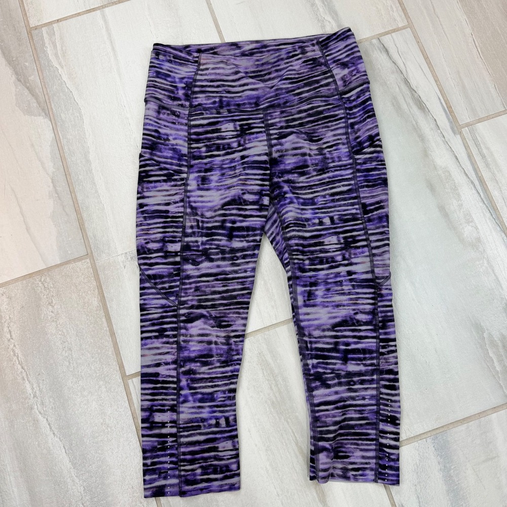 Lululemon Purple Black Abstract Stripe Pocket Crop Leggings Size 8